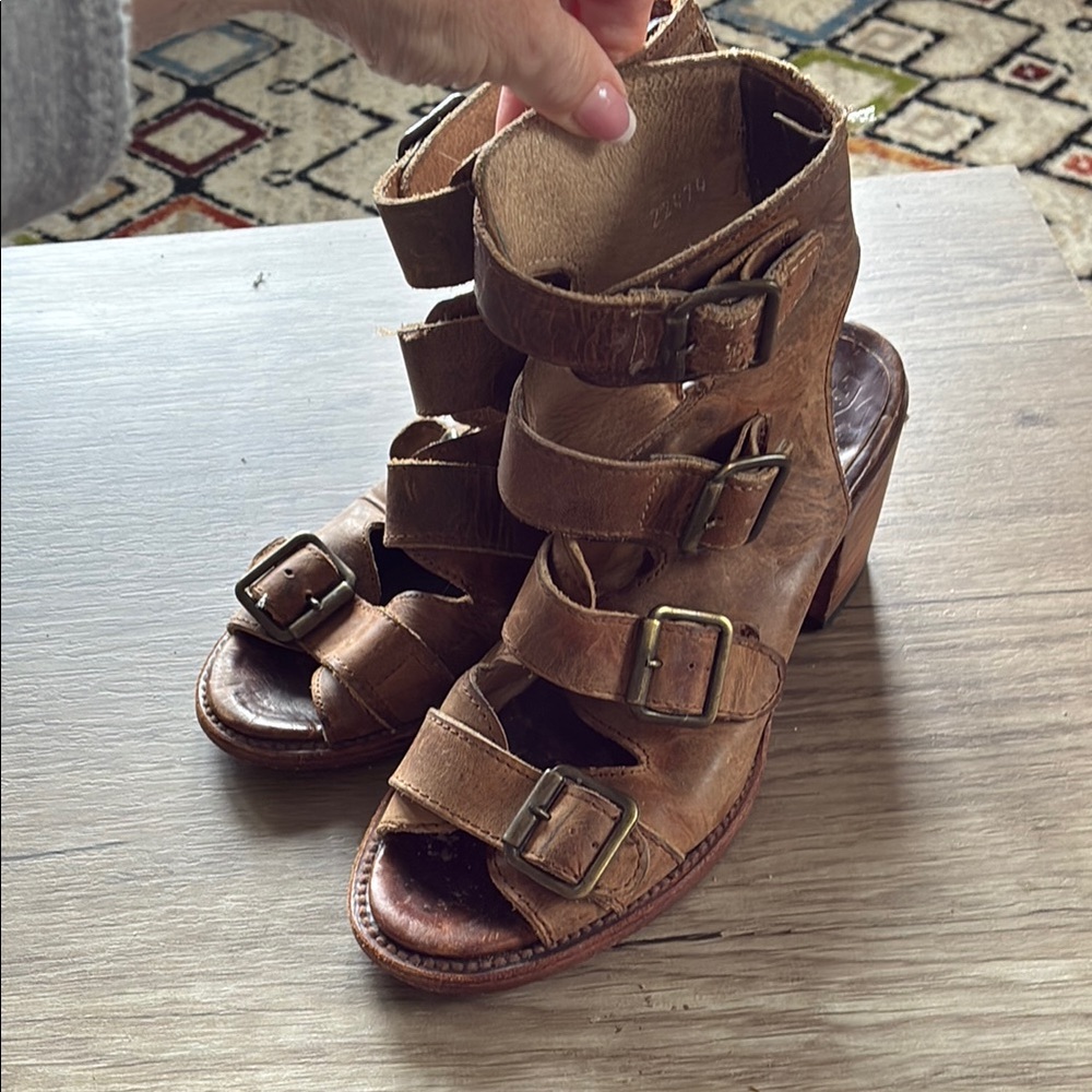 Womens Brown Leather Buckle Gladiator Heeled Sandals